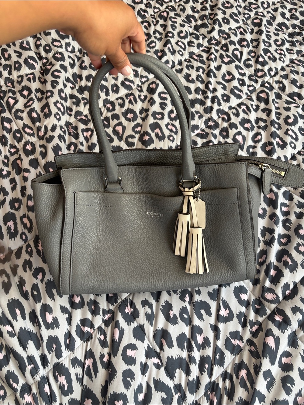 Coach Gray Pebbled Leather Satchel with Tassel Charm